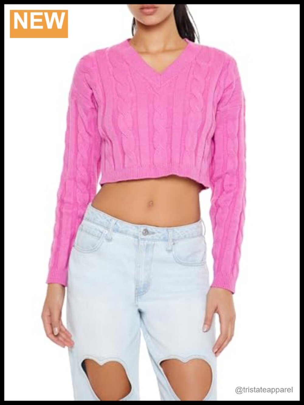 Women's Cropped Cable Knit Sweater Long Sleeve V-Neck Lightweight